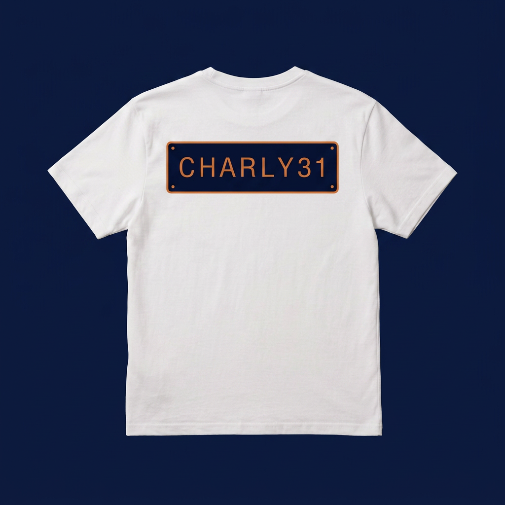 White TASC t-shirt — back view with CHARLY31 license-plate style ID badge