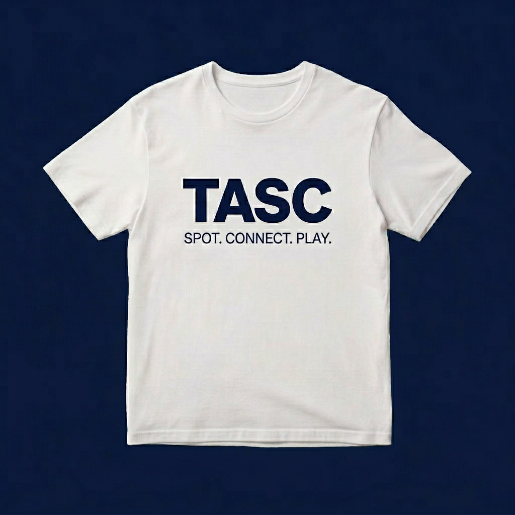 White TASC t-shirt — front view with TASC logo and 'Spot. Connect. Play.' tagline at the chest
